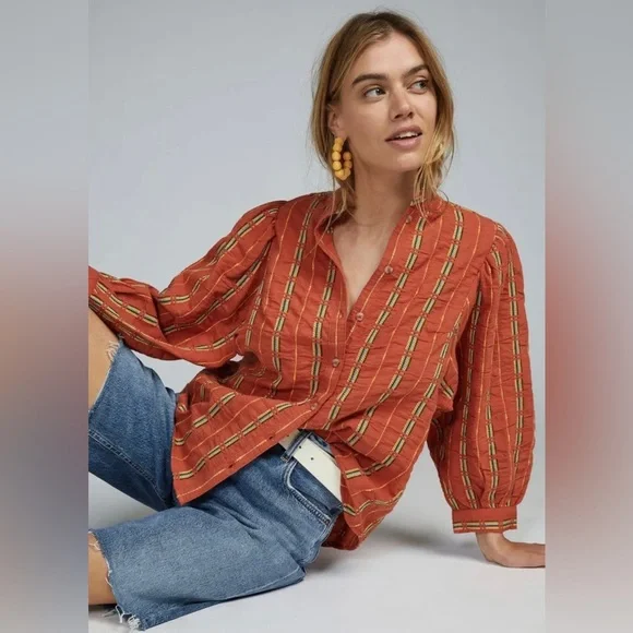 Anthropologie XS Pilcro The Bella Femme Buttondown Shirt Top Embroidered Orange - Picture 9 of 11
